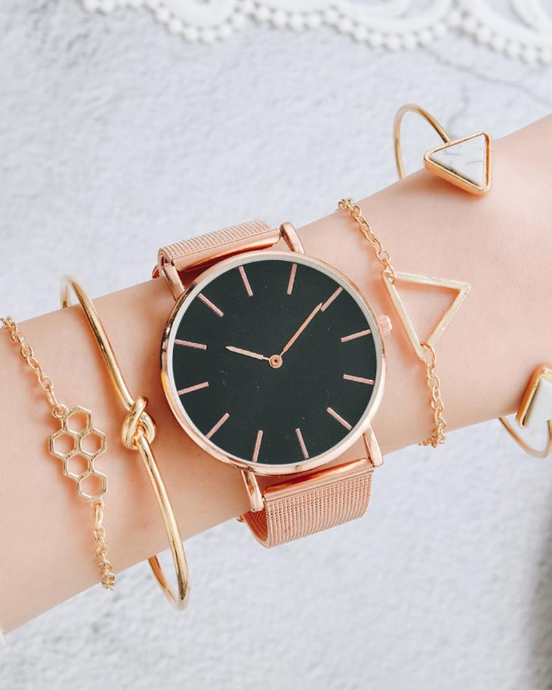 

Round Quartz Watch & Geometric Chain Bracelet Set, Black