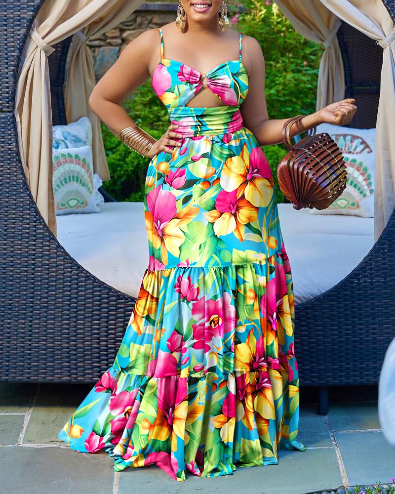 

Floral Print O-Ring Cutout Cami Maxi Dress, Multicolor
