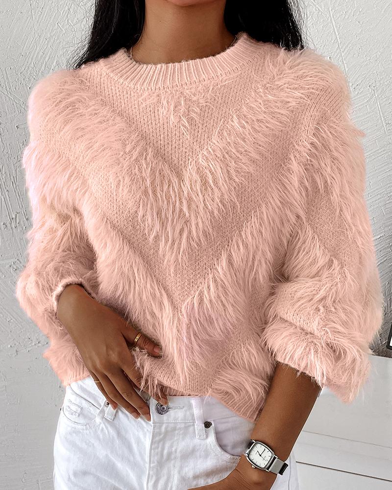 

Chevron Pattern Fluffy Tassel Design Sweater, Light pink