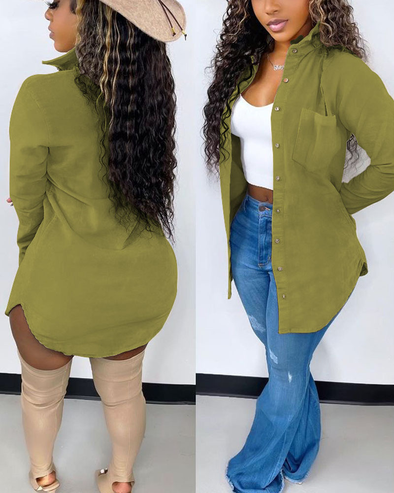 

Long Sleeve Button Down Corduroy Shirt Dress, Green