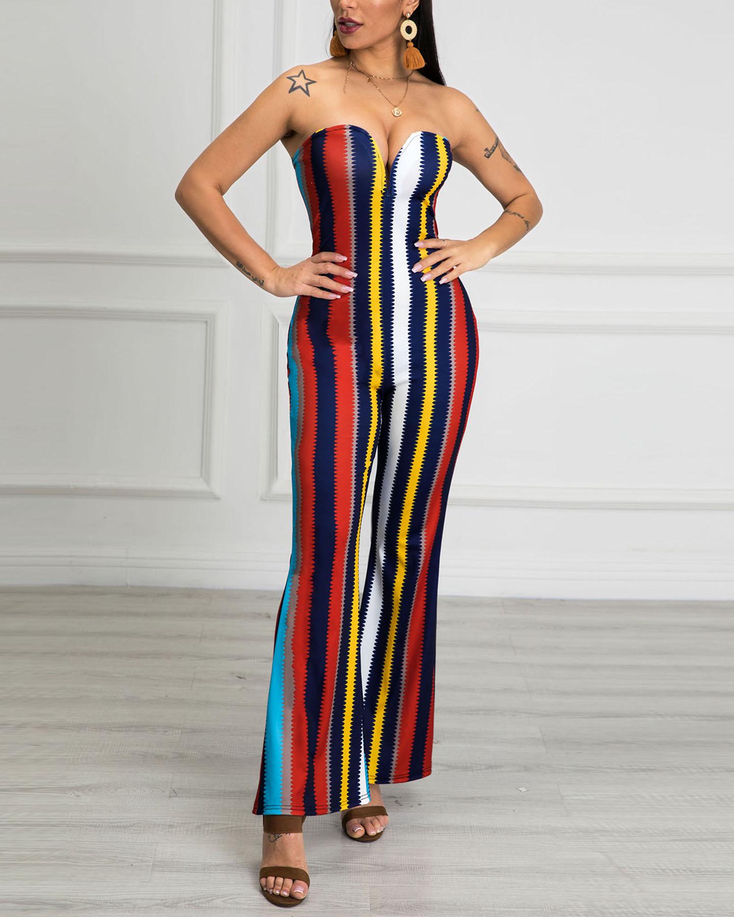 

V-neck Striped Flared Jumpsuit, Multicolor