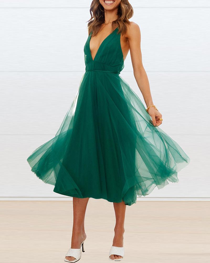 Crisscross Backless Sheer Mesh Evening Dress