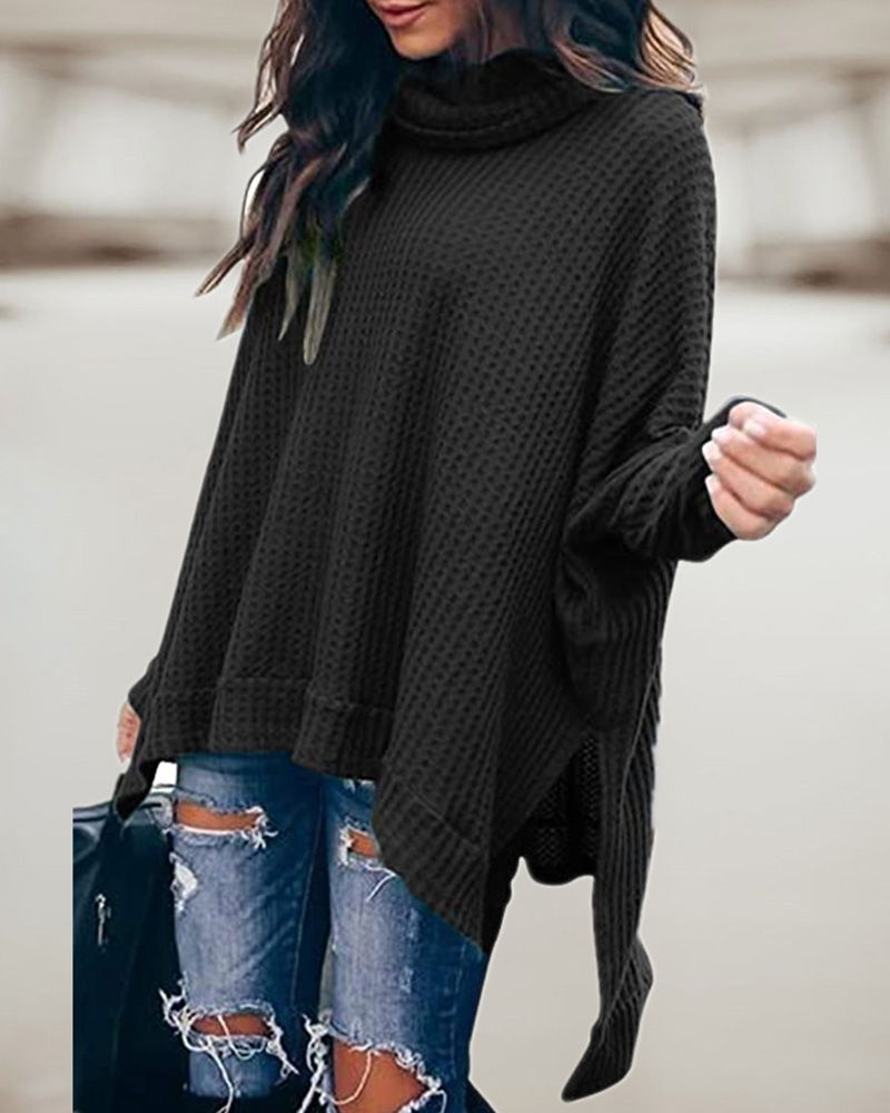 

High Neck Asymmetrical Slit Waffle Knit Sweater, Black