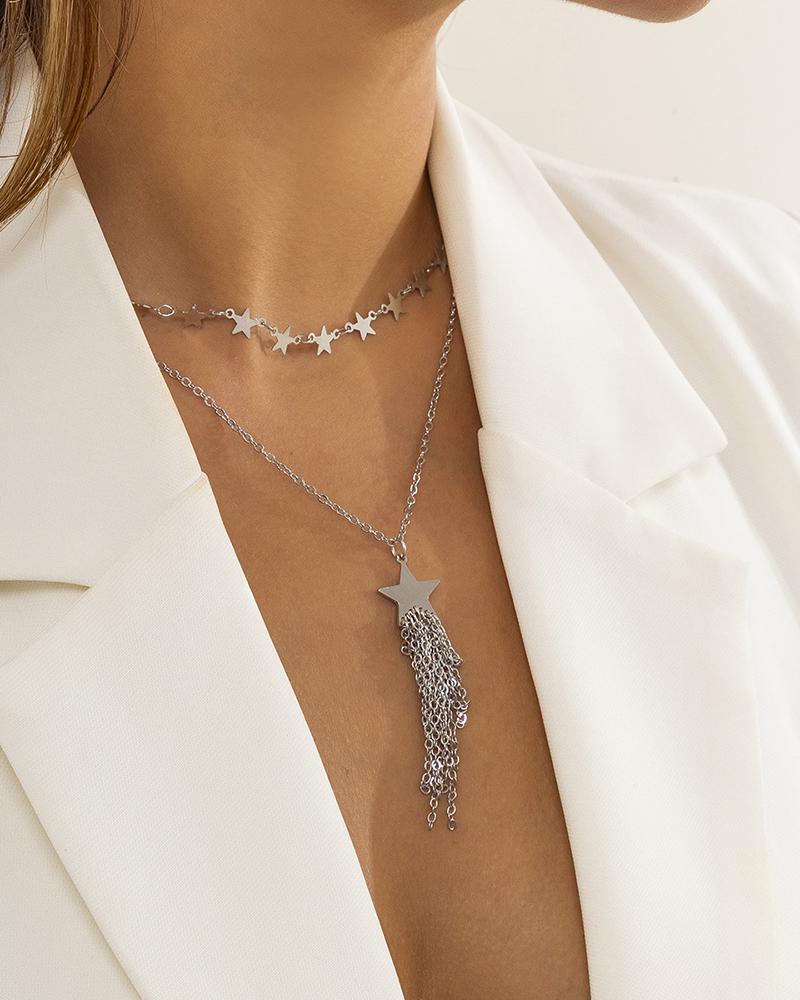 

2pcs Star Pattern Tassel Design Pendant Necklace, Silver