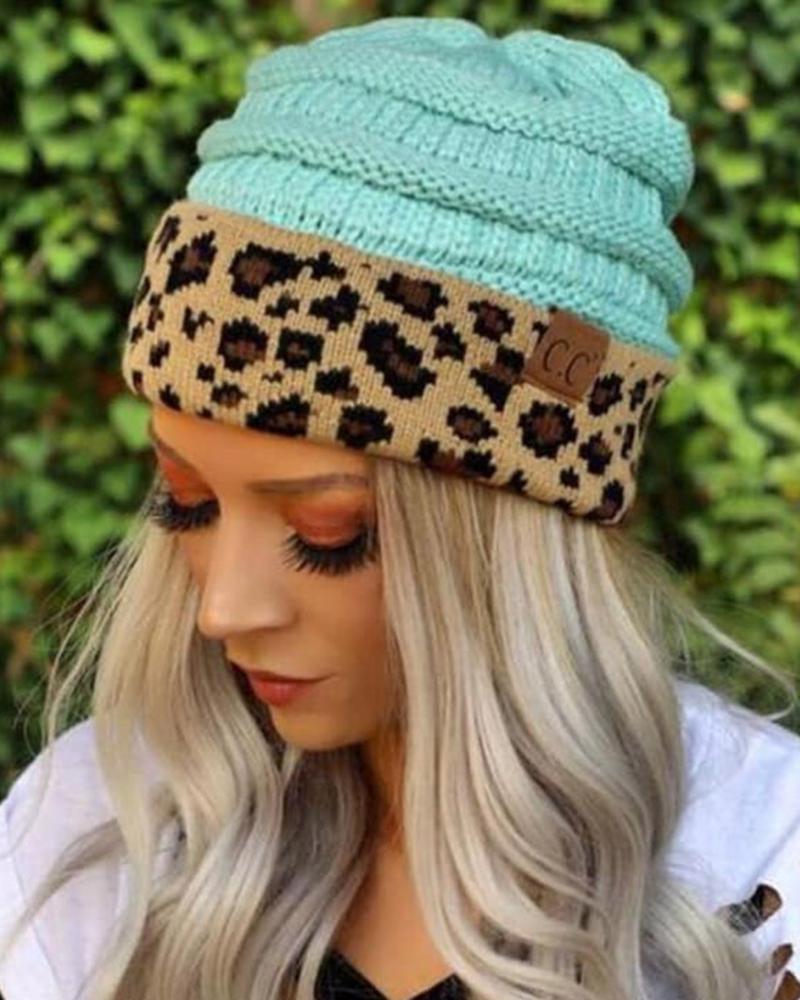 

Leopard Print Colorblock Winter Warm Knit Beanie Hat, Turquoise blue