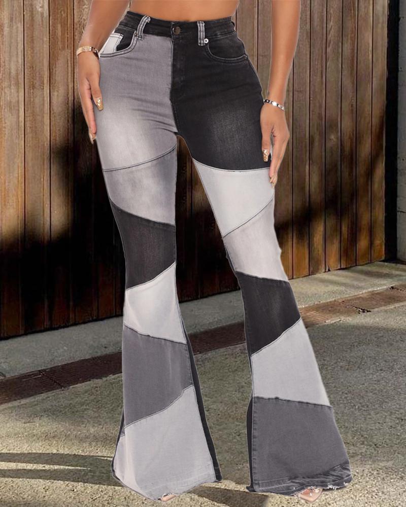

Colorblock Patchwork Flared Leg Jeans, Black