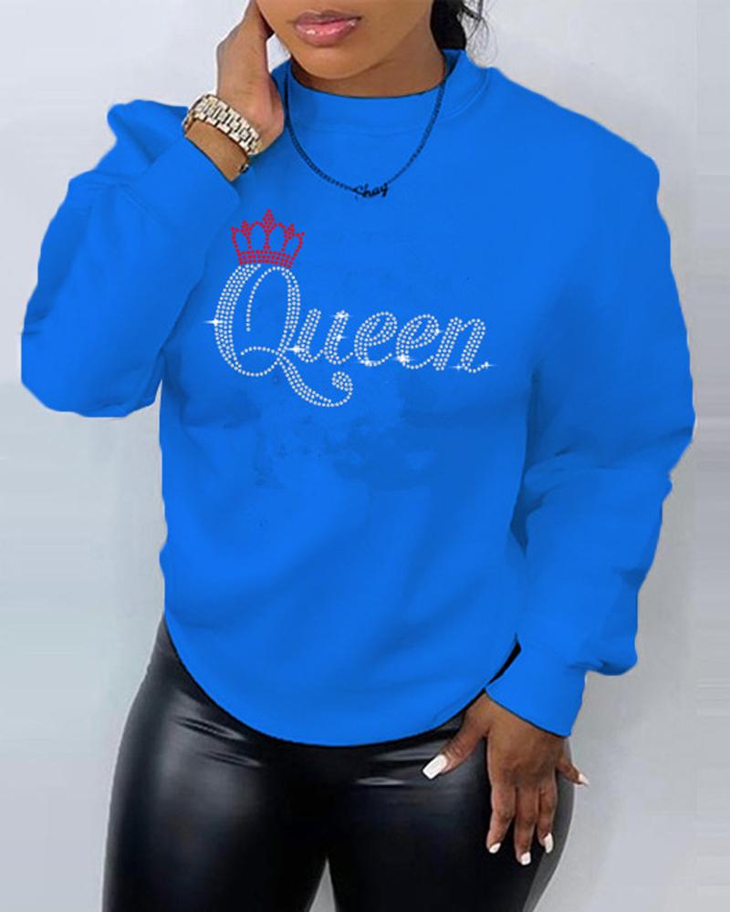 

Plus Size Rhinestone Letter Pattern Casual Sweatshirt, Blue