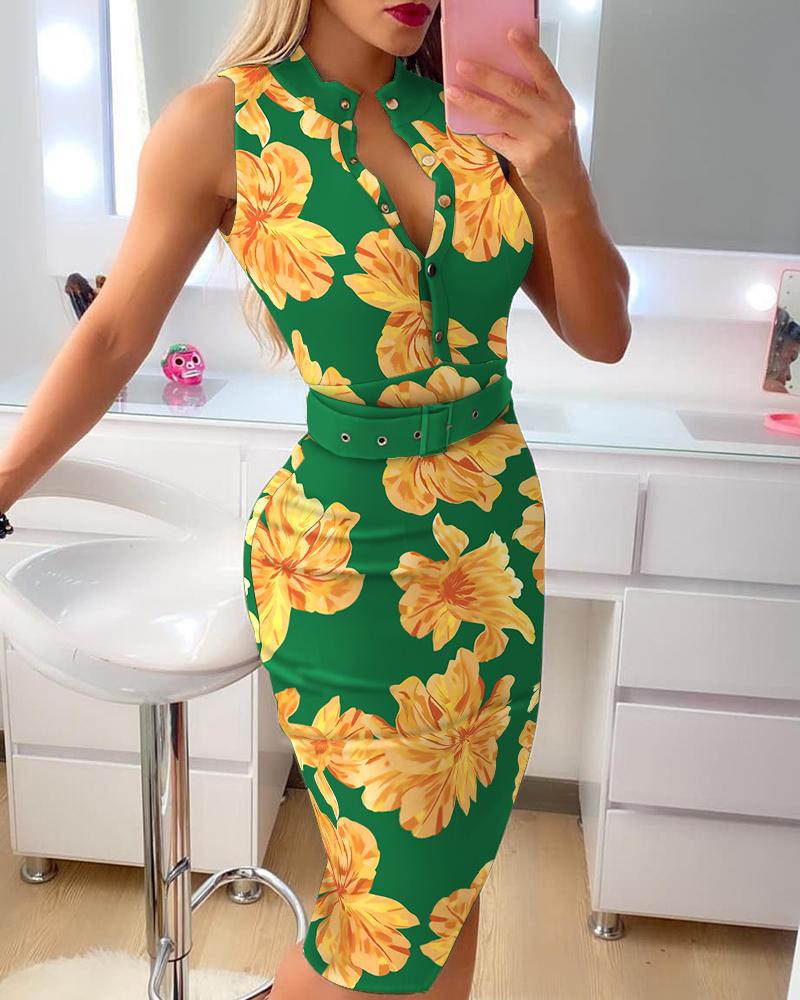 

Floral Print Knit Short Sleeve Button Design Skinny Dress With Belt, Green