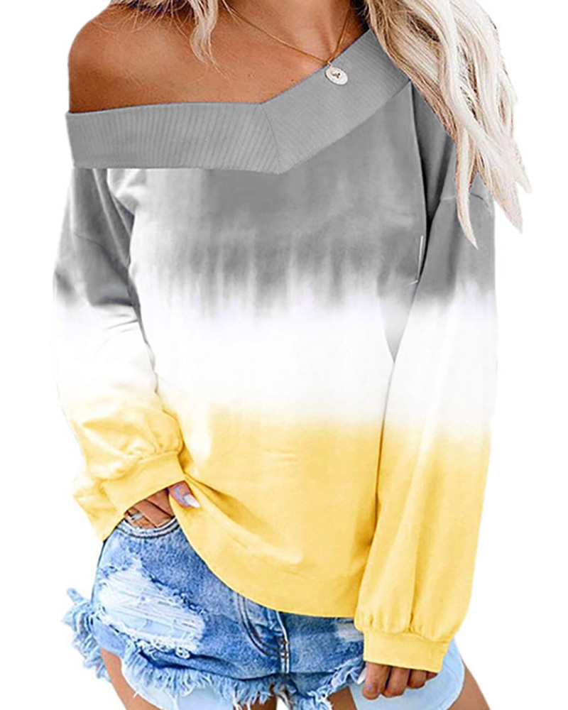

V Neck Long Sleeve Ombre Colorblock Top, Gray