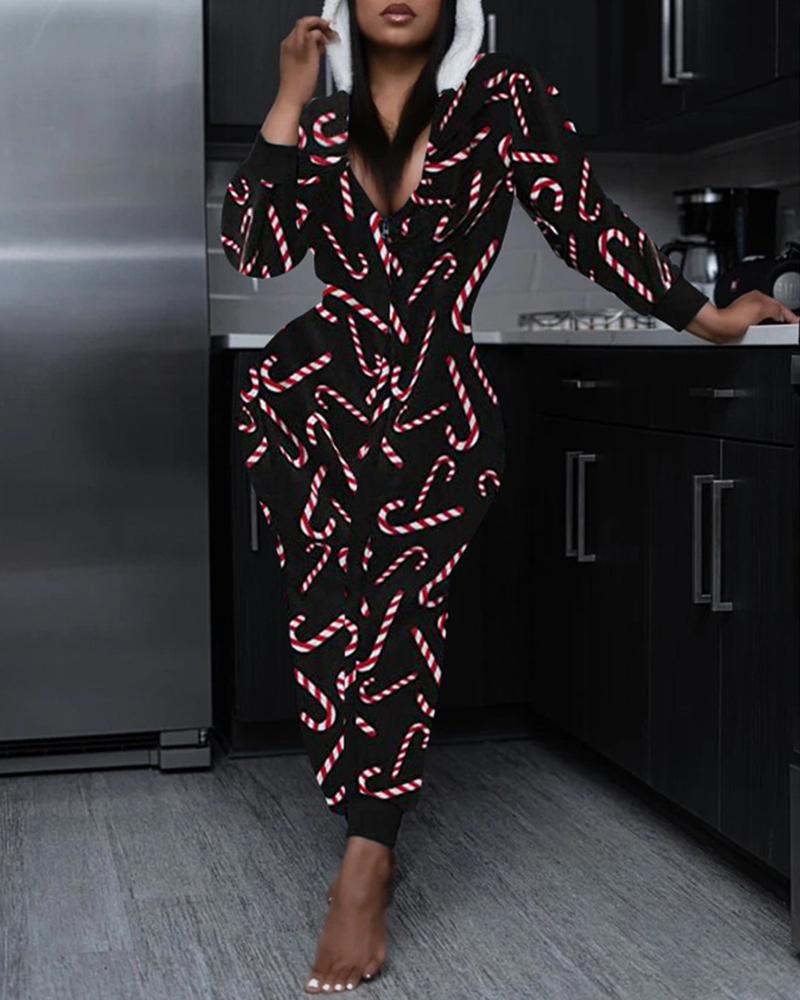 

Christmas Mixed Print Long Sleeve Hooded Jumpsuit, Black