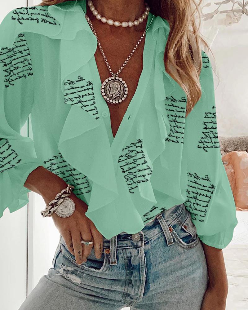 

Ruffles Trim Letter Print Long Sleeve Top, Green