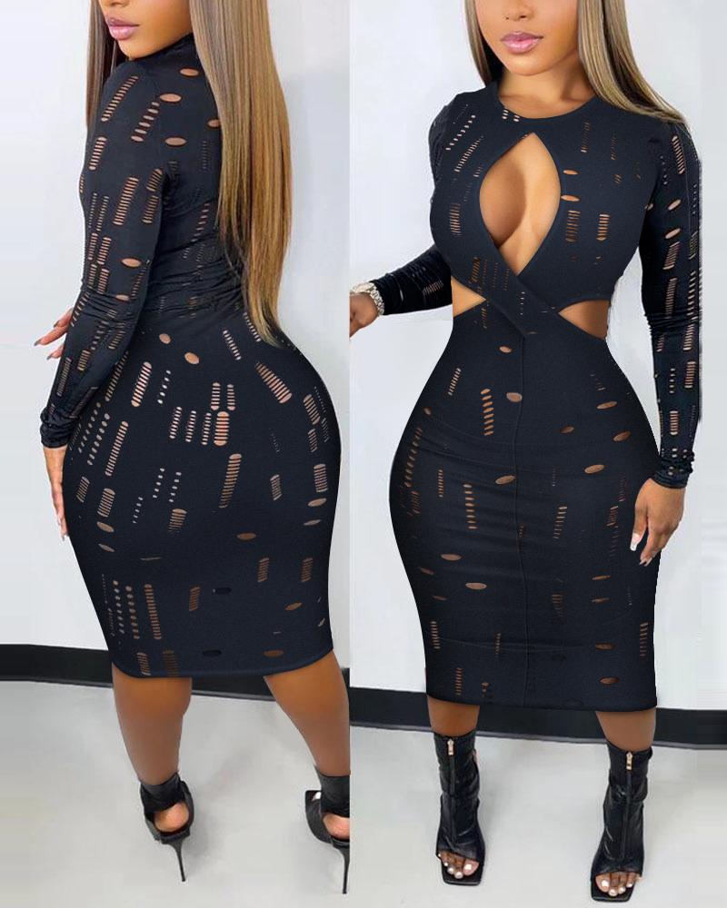 

Hollow Out Long Sleeve Bodycon Dress, Black