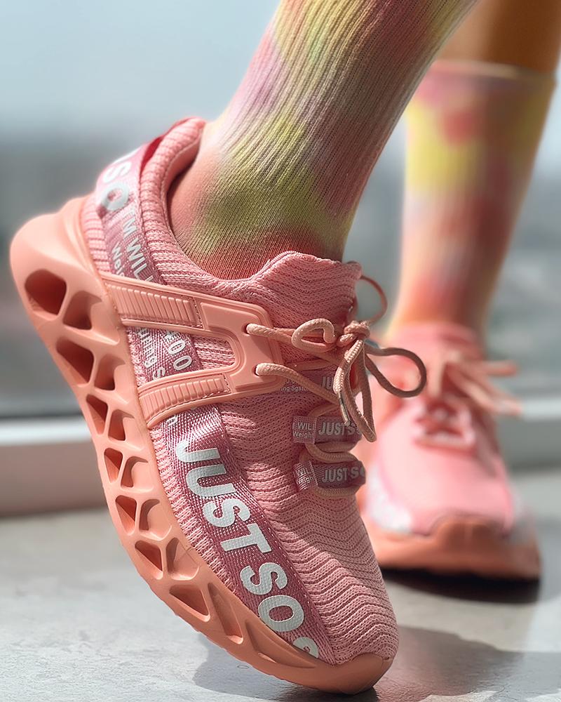 

Letter Pattern Lace-up Knit Sneakers, Pink