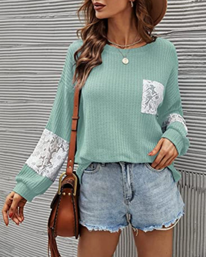 

Contrast Lace Long Sleeve Knit Top, Green