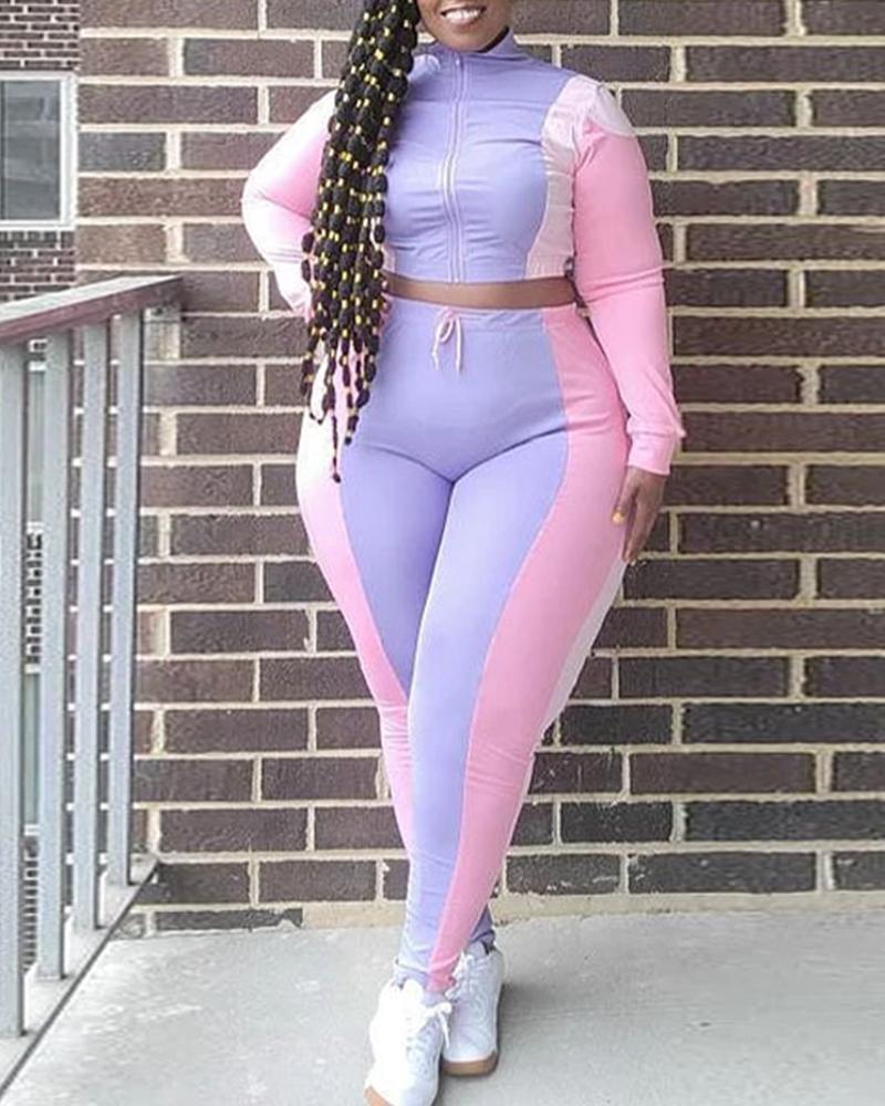 

Color Block Zip Up Crop Top & Drawstring Pants Set, Pink