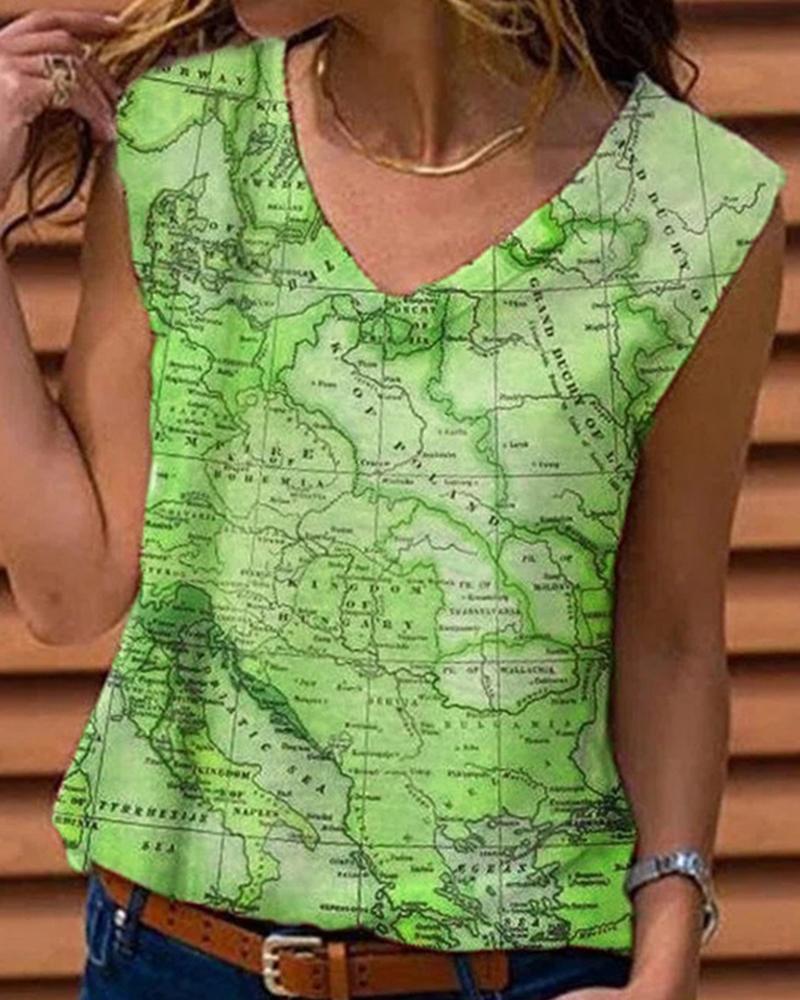 

Map Print Sleeveless Tank Top, Green