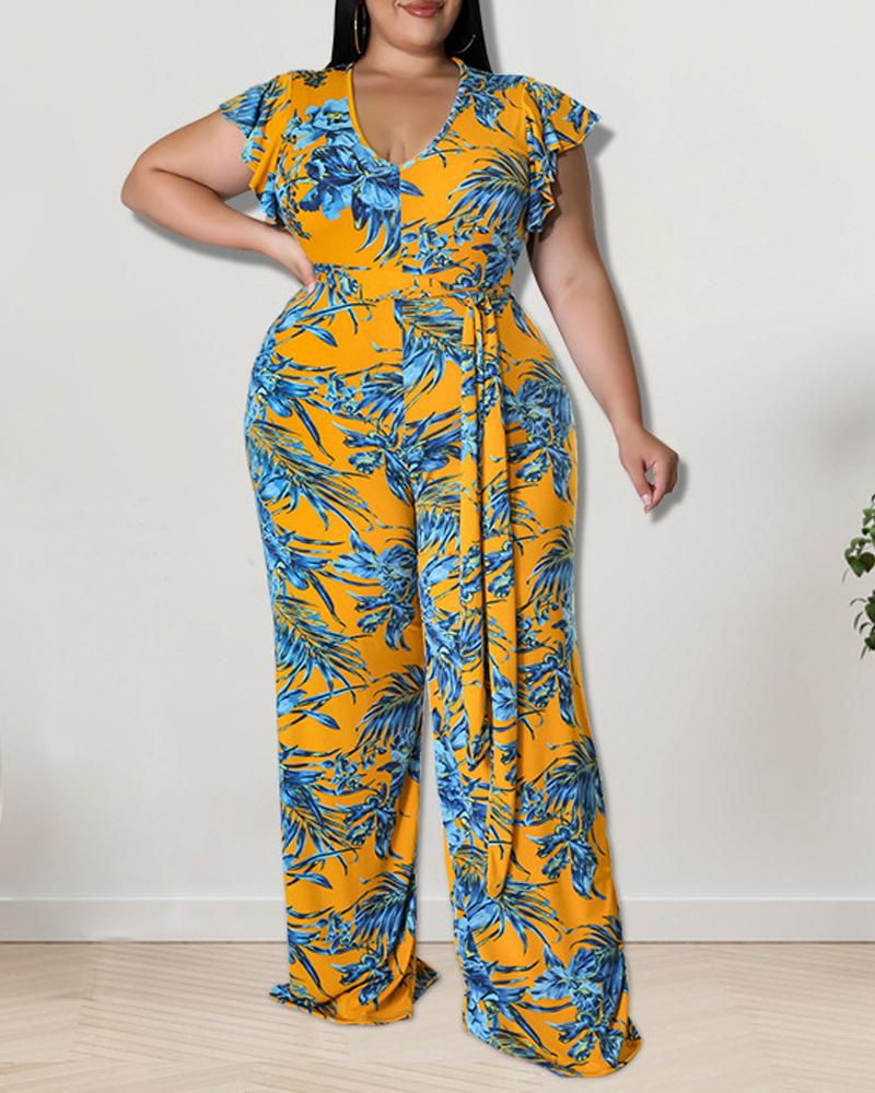 

Plus Size Tropical Print Flutter Sleeve Belted Jumpsuit, Yellow