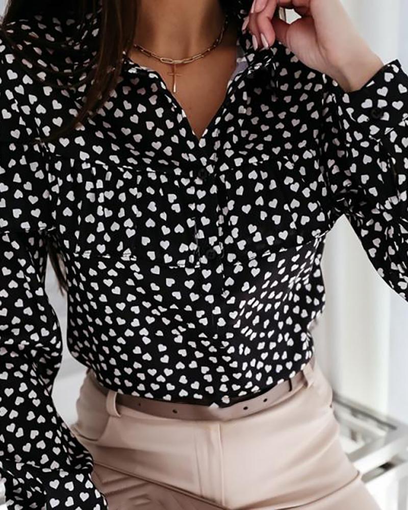 

Heart Print Long Sleeve Flounce Hem Shirt, Black