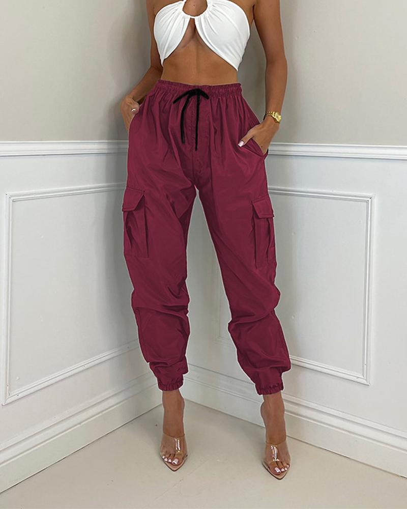 

Pocket Design Drawstring Cuffed Cargo Pants, Wine red