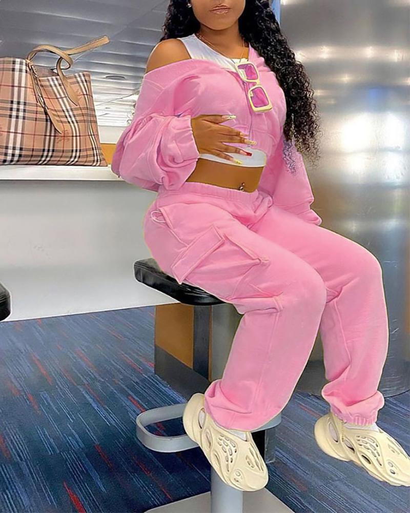 

Zipper Design Long Sleeve Hooded Top & High Waist Pants Set, Pink