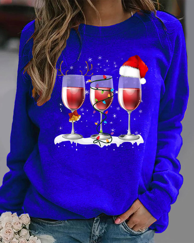 

Plus Size Christmas Hat Wine Glass Print Long Sleeve Top, Blue