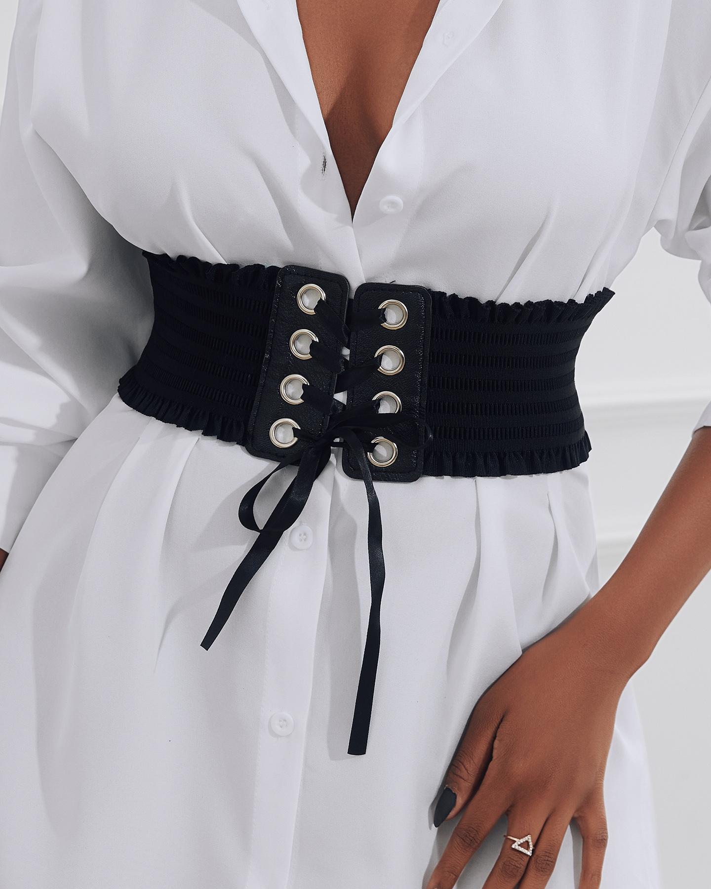 

1PCS Eyelet Lace Up Shirred Frill Hem Wide Corset Belt, Black