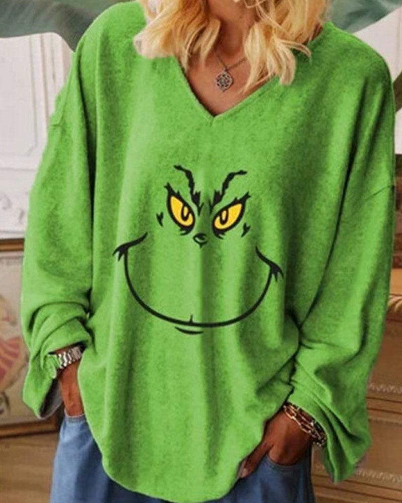 

Plus Size Christmas Graphic Print Long Sleeve Casual Top, Green