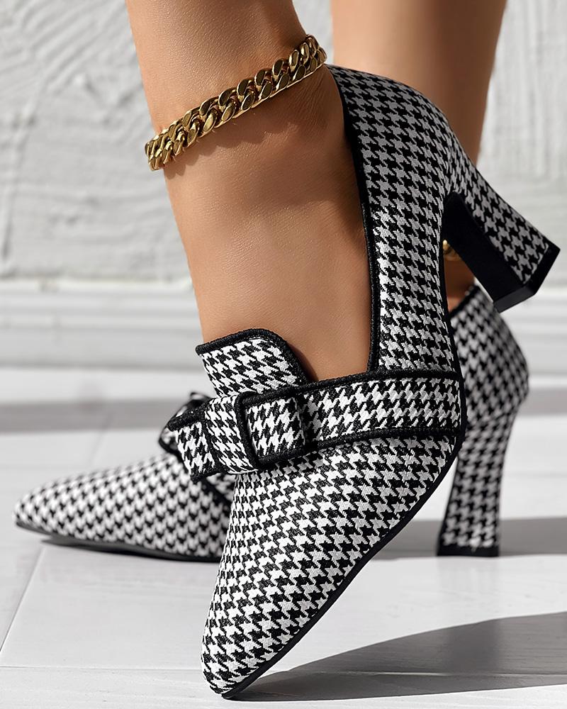 

Houndstooth Bowknot Decor Chunky Pumps, Blackwhite