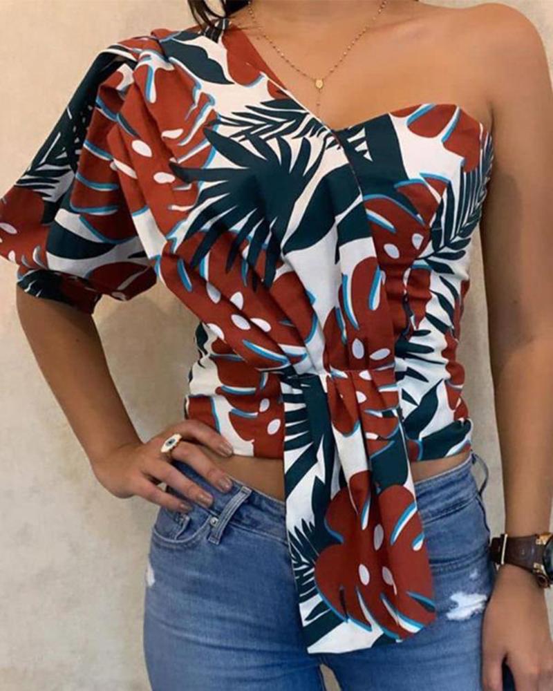 

One Shoulder Tropical Print Ruched Asymmetrical Top, Multicolor