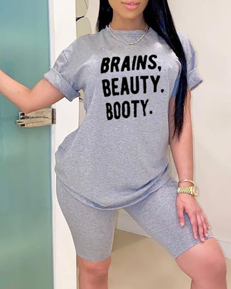 

Letter Print Short Sleeve Top & Shorts Set, Gray