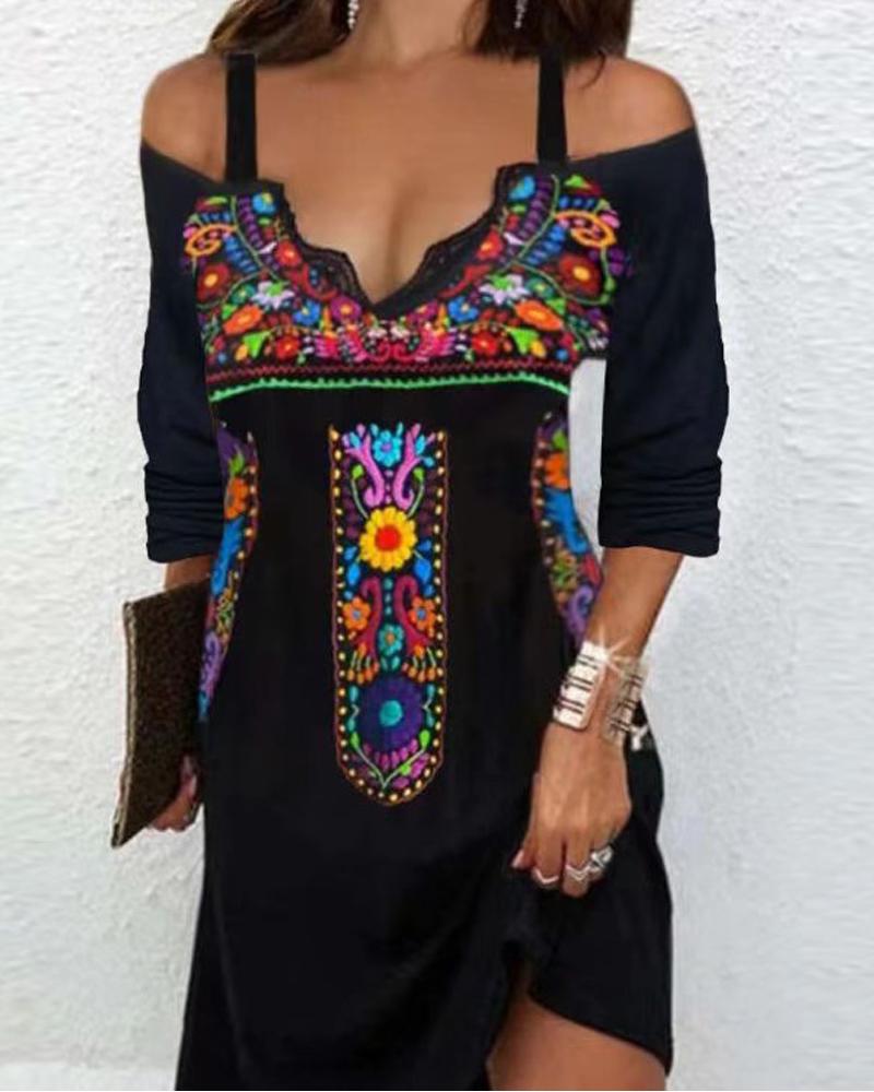 

Vintage Tribal Print Cold Shoulder Casual Dress, Black