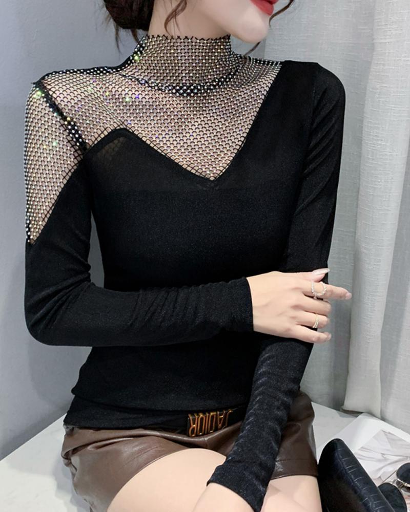 

Rhinestone Fishnet Patch Long Sleeve Top, Black