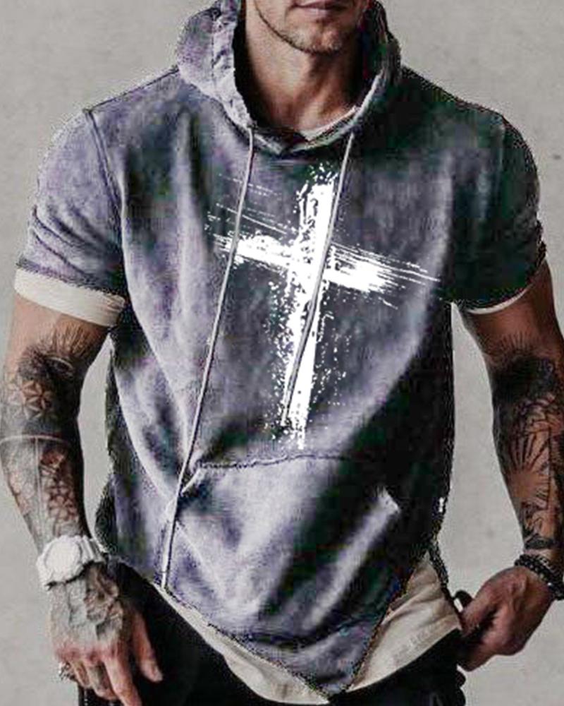 

Cross Patterns Print Short Sleeve Loose Hooded Sweatshirts, Gray