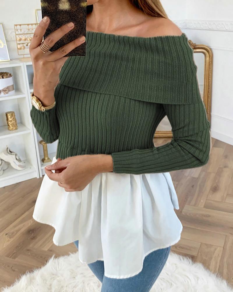 

Off Shoulder Ribbed Long Sleeve Colorblock Insert Ruffles Blouse, Green