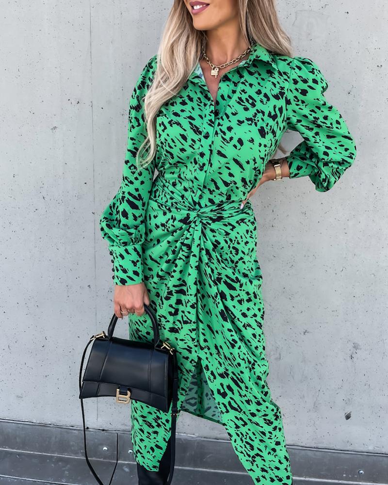 

Cheetah Print Twisted Lantern Sleeve Slit Shirt Dress, Green