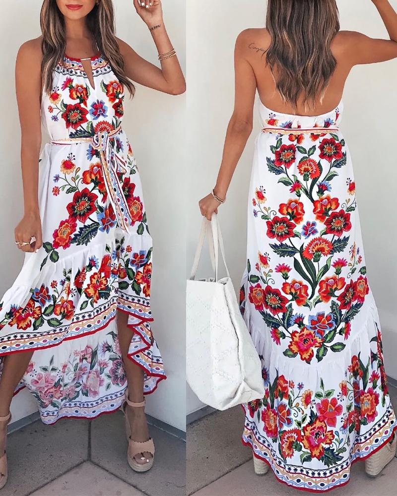 

Floral Print Halter Backless Dip Hem Casual Dress, Multicolor