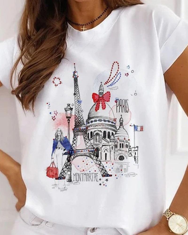 

Eiffel Tower Print Casual T-shirt, White