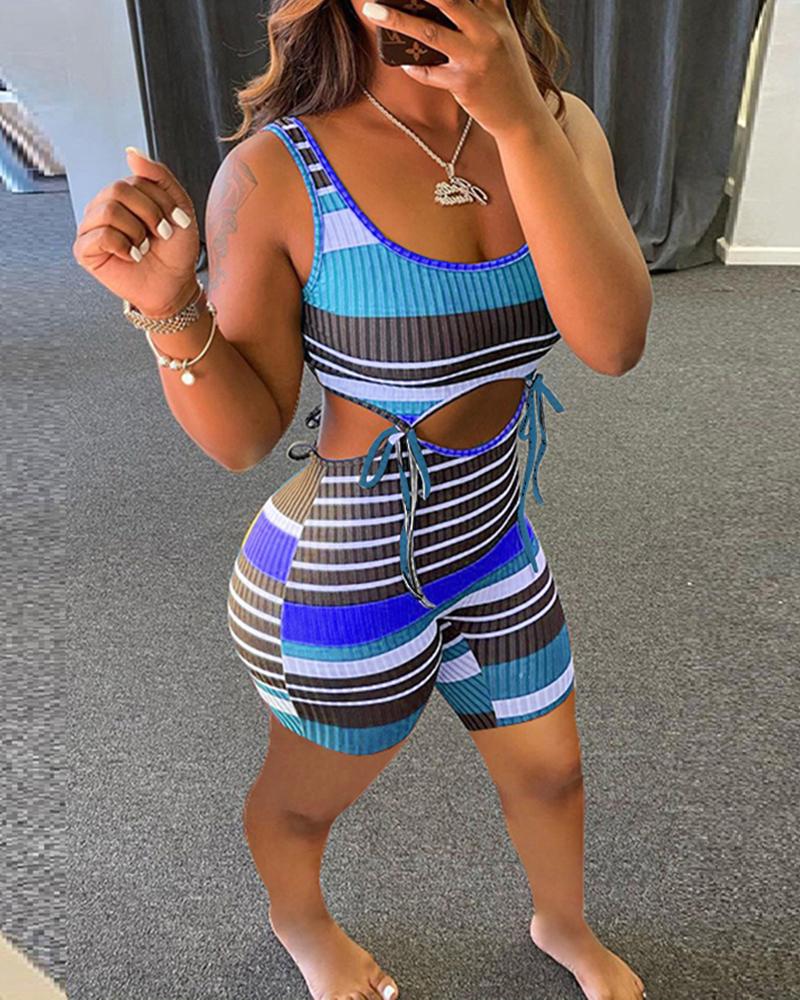 

Tied Detail Cutout Knit Striped Print Colorblock Romper, Blue