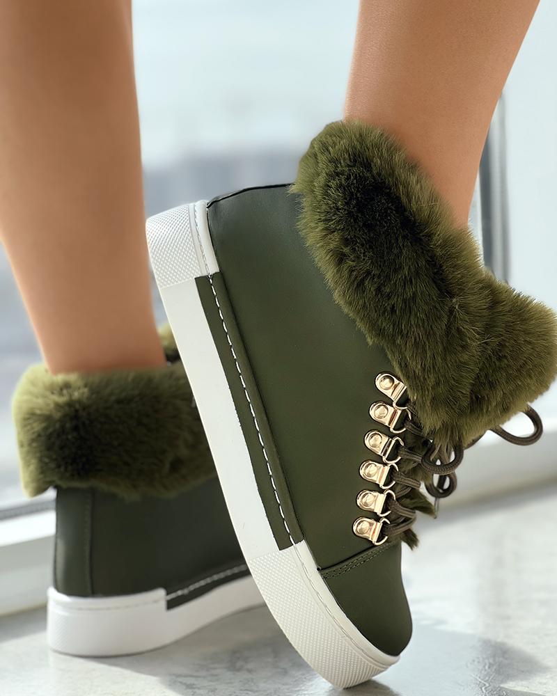 

Fuzzy Trim Lined Hidden Wedge Snow Boots, Army green