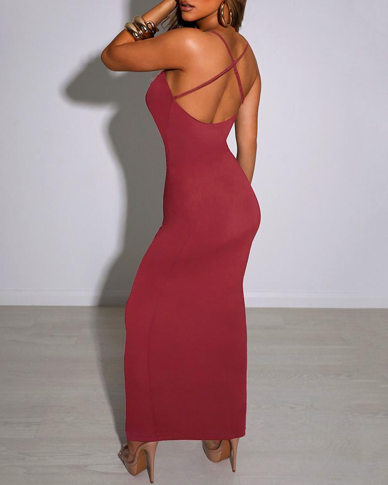 

Spaghetti Strap Crisscross Backless Bodycon Dress, Wine red