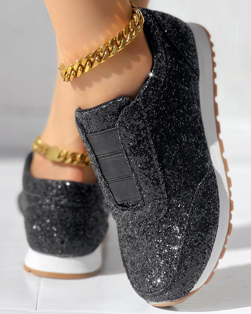 

Sequin Decor Glitter Round Toe Sneakers, Black