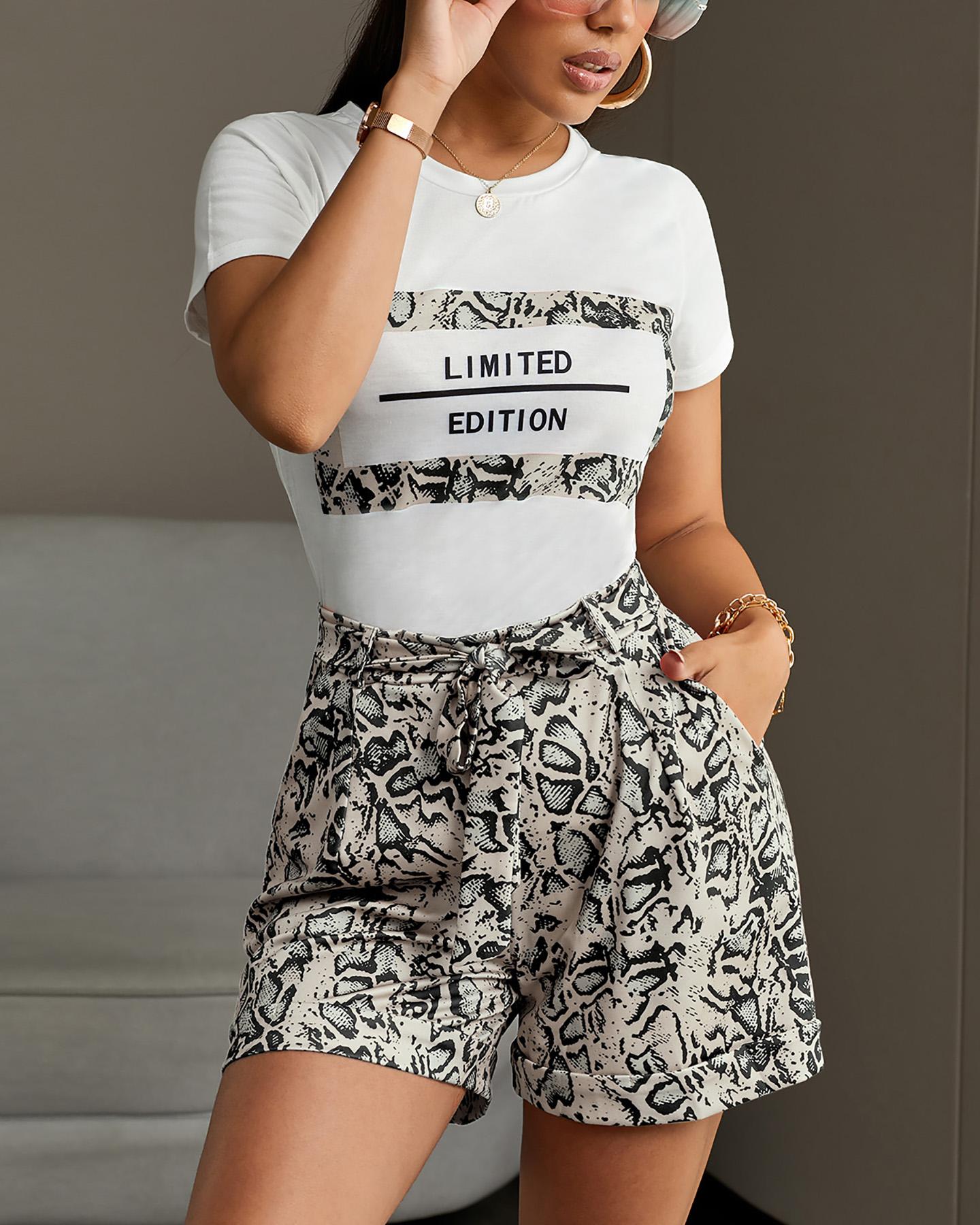 

Letter Short Sleeve Tee With Snakeskin Shorts Sets, Khaki
