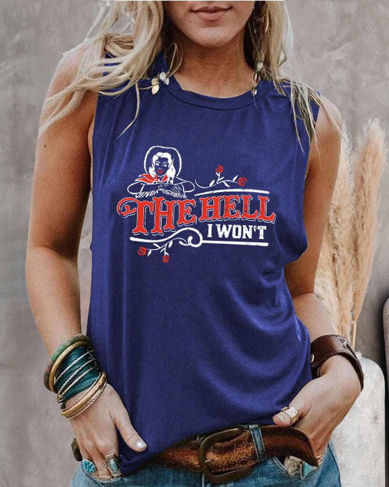 

Letter Figure Print Casual Tank Top, Blue