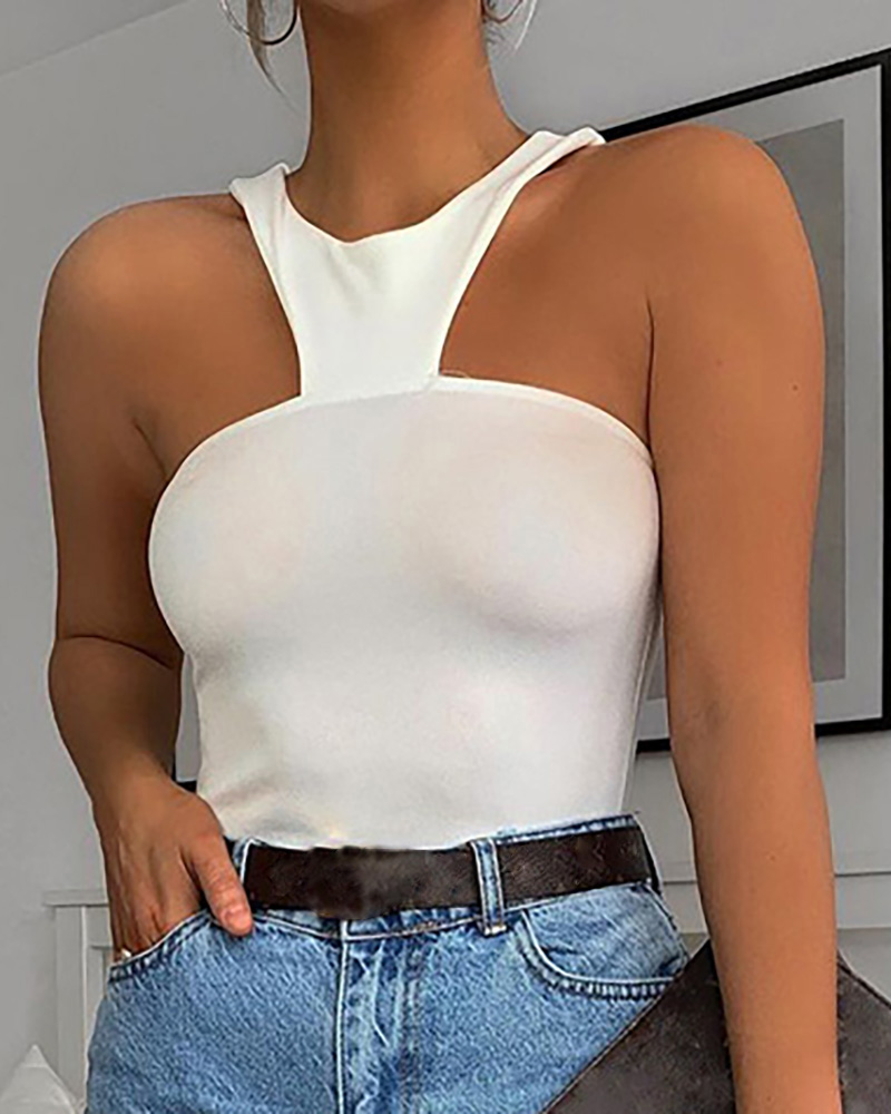 

O-neck Cold Shoulder Sleeveless Basic Top, White