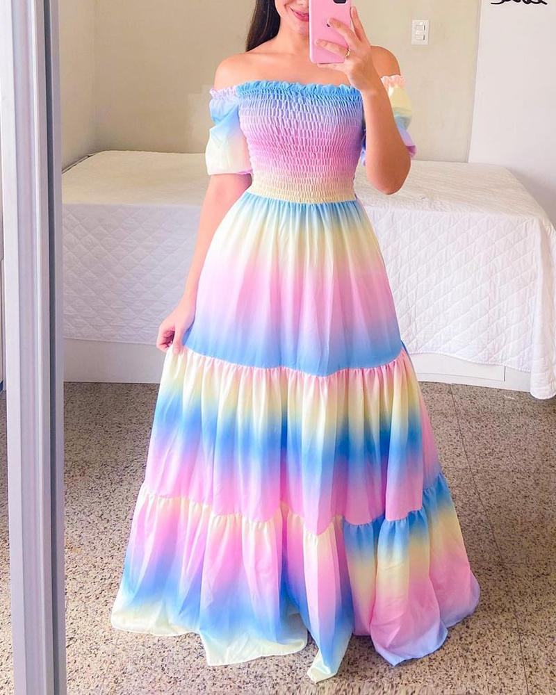 

Ombre Off Shoulder Shirred Maxi Dress, Multicolor
