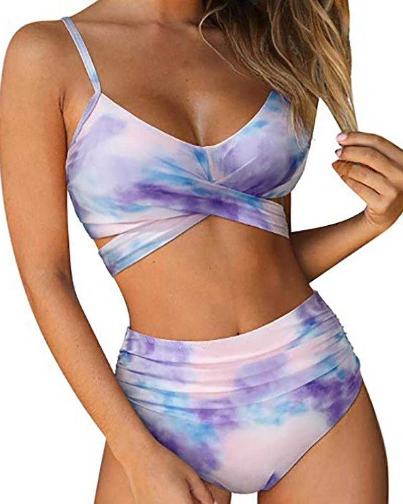 

Tie Dye / Plants Print Cross Front Bikini Set, Purple