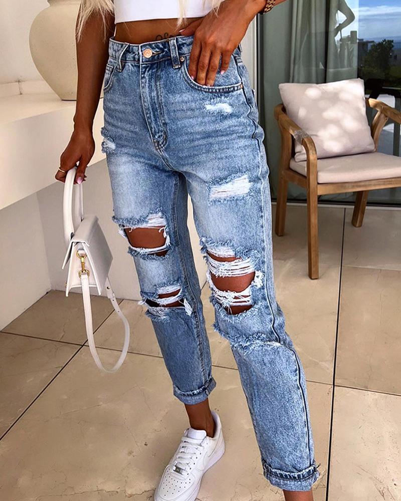 

Pocket Design Cutout Ripped Casual Jeans, Blue