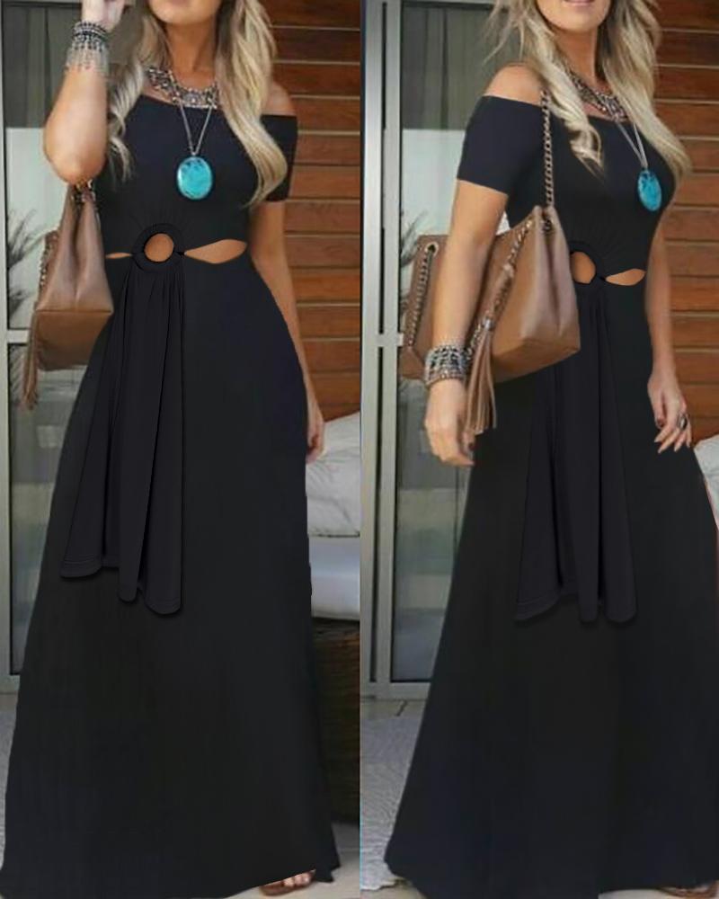 

Off Shoulder Solid Color O-Ring Cutout Maxi Dress, Black