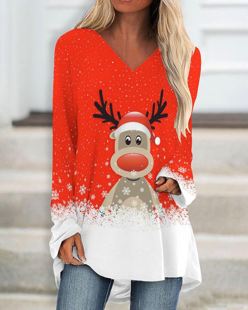 

Christmas V-Neck Elk Snowflake Print Top, Red