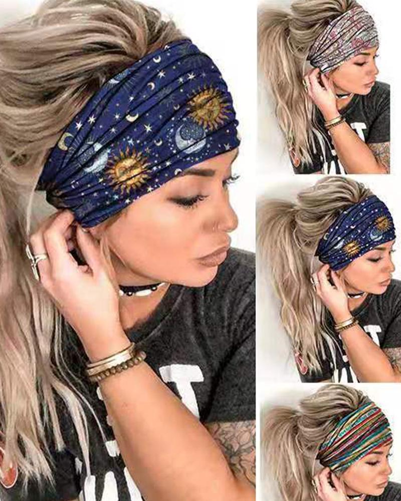 

Serape Striped Floral Sun Moon Star Print Yoga Sports Headband, Blue